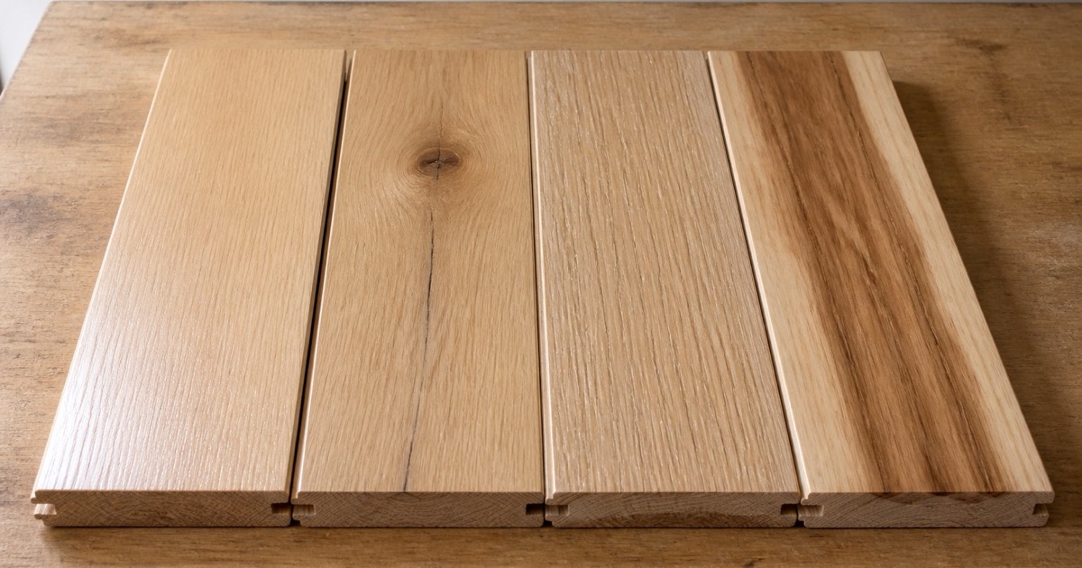 Four white oak and hickory board samples laid side by side on a workbench showing different grades, textures and sheen levels.