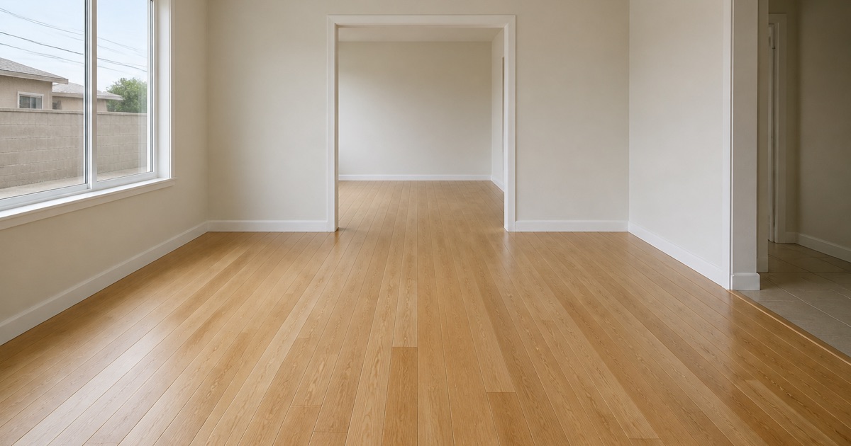 A finished white oak floor in an empty Bell Gardens living room, boards running under the shoe molding and through the doorway beyond.