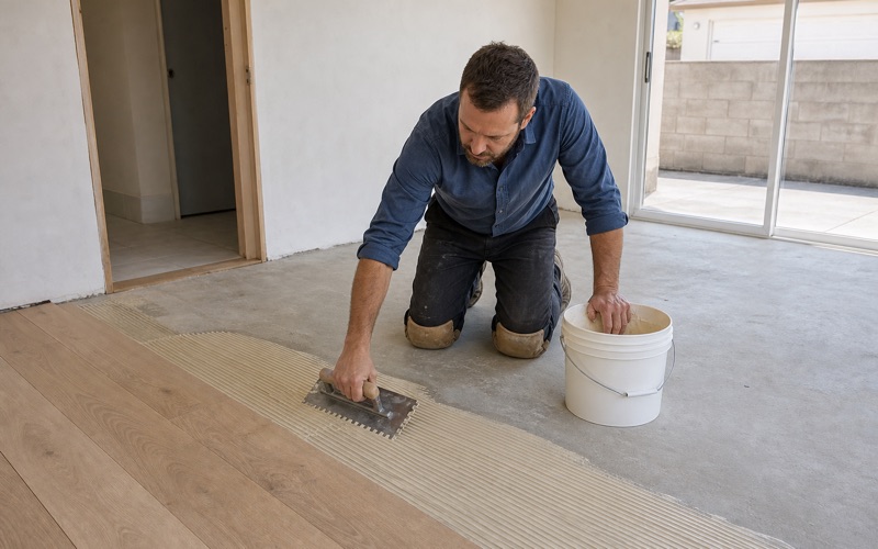 Installer spreading adhesive across a bare concrete slab with a notched trowel before laying engineered oak boards, several rows already bedded down.