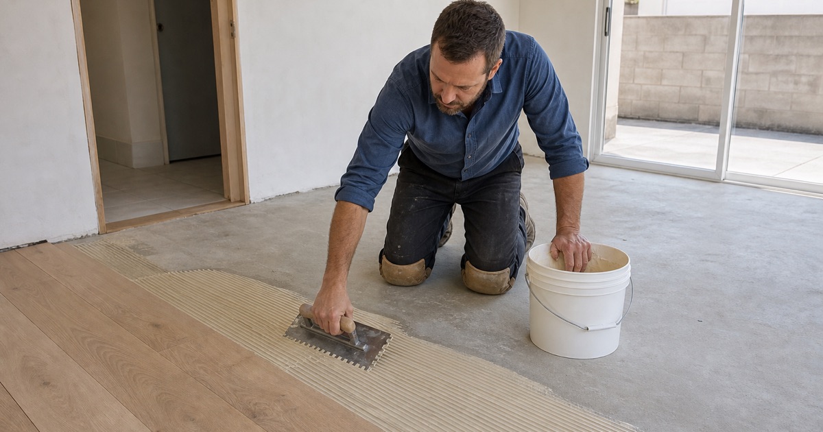 Installer spreading adhesive across a bare concrete slab with a notched trowel before laying engineered oak boards, several rows already bedded down.