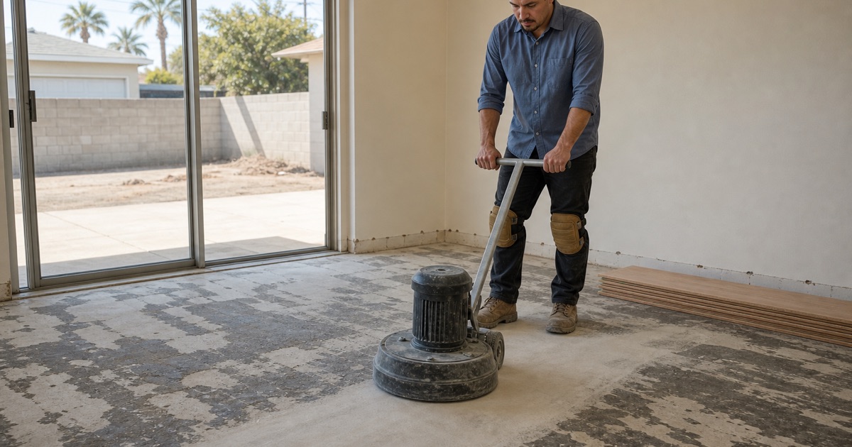 Operator grinding old adhesive residue off a bare concrete slab in a Downey house before a new engineered floor goes down.