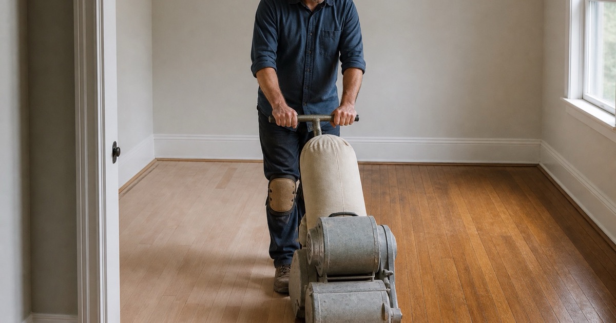 Floor sander working a room of red oak boards toward the doorway, both hands on the machine handle bar and the sanded field pale behind him.