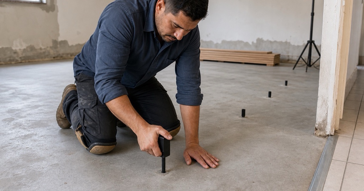 Technician seating a relative humidity probe sleeve into a drilled hole in a bare concrete slab, the meter body filling his palm with its display turned away.