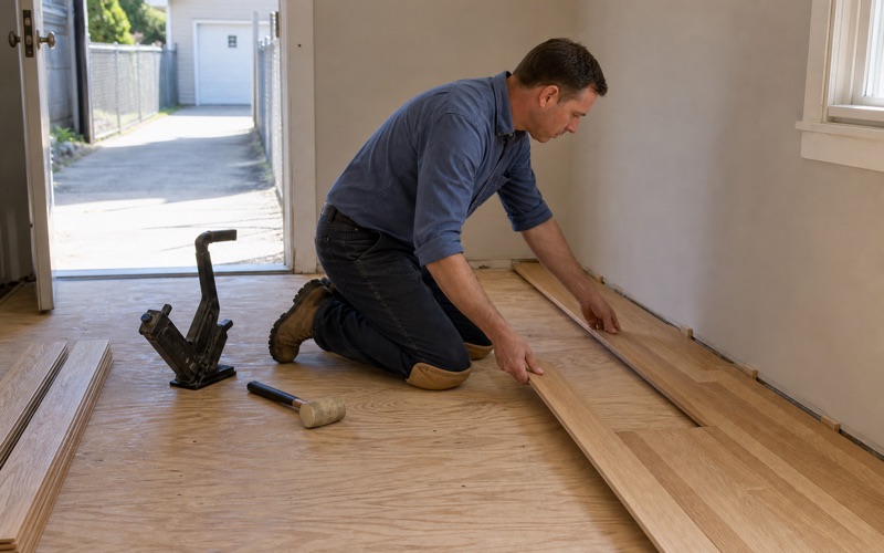 Installer lowering a solid white oak strip board against the last laid row over a plywood subfloor, the flooring nailer and mallet set down behind him.