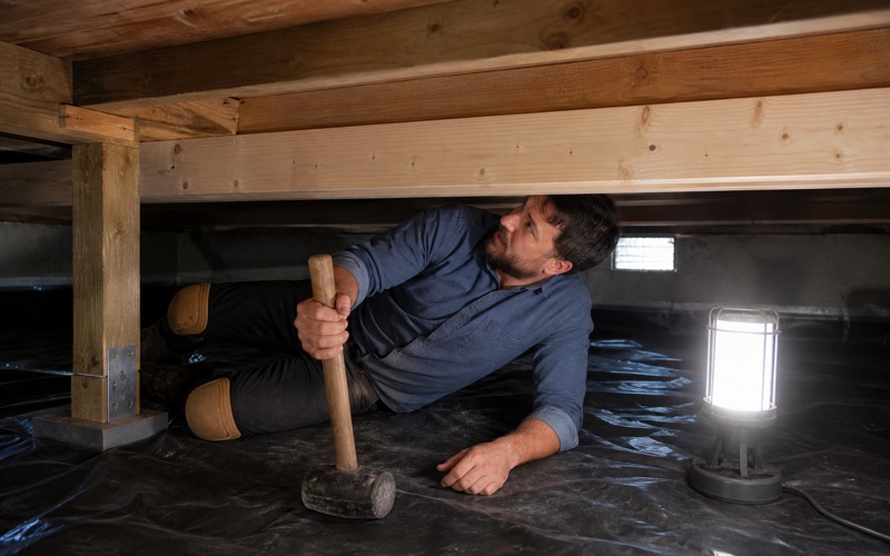 Carpenter fitting a sister joist alongside a sagging original in a crawl space, the new member bolted tight against the old with the subfloor boards overhead.