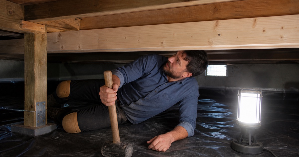 Carpenter fitting a sister joist alongside a sagging original in a crawl space, the new member bolted tight against the old with the subfloor boards overhead.