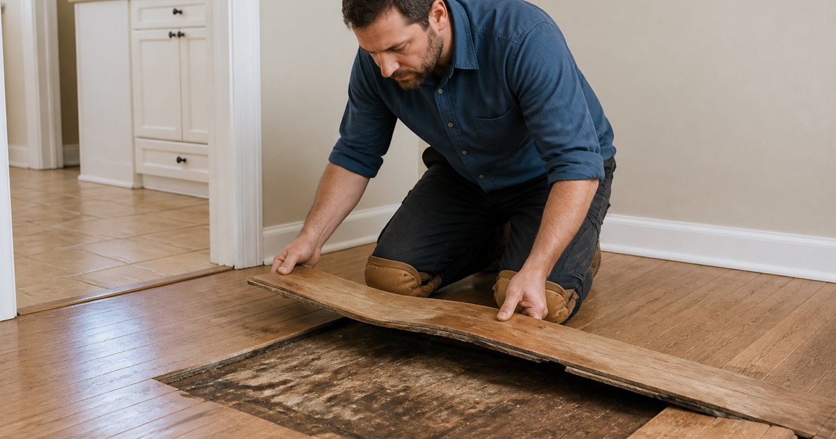Worker lifting a delaminated white oak board clear of a water damaged floor, the sound boards and exposed subfloor visible beside it.