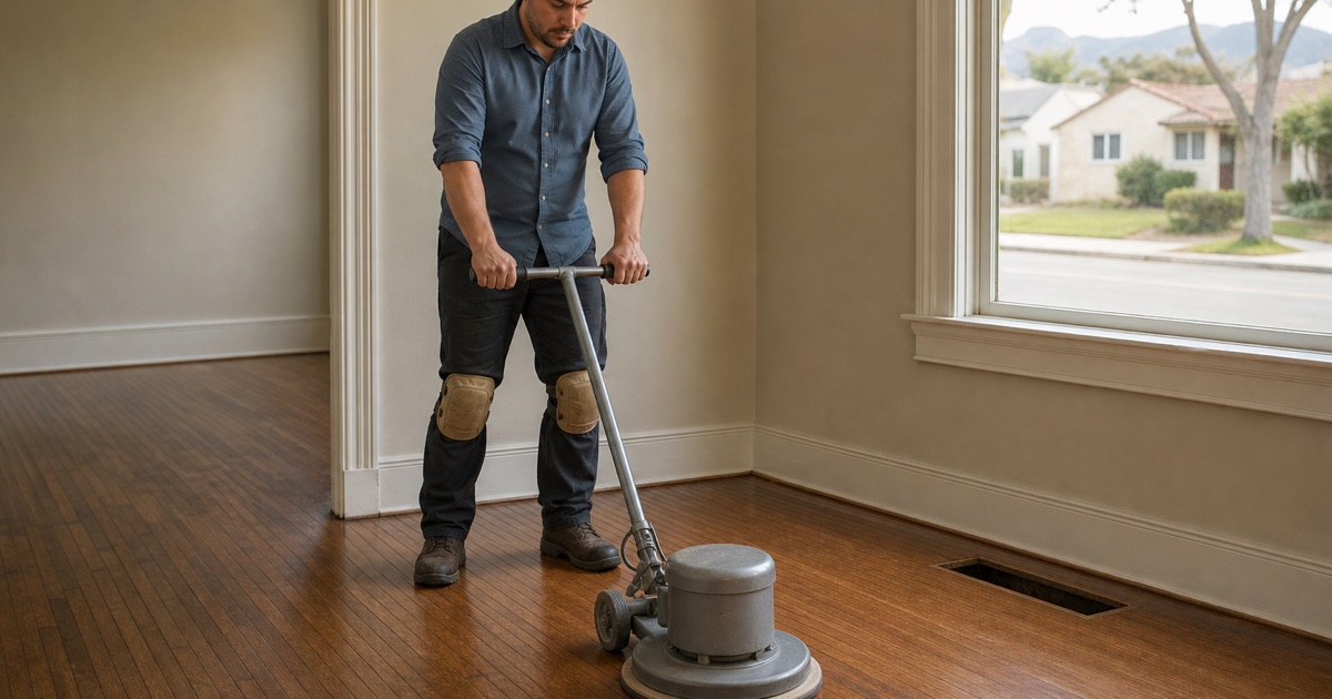 Operator running a buffer over prewar red oak strip flooring in an Alhambra house for a screen and recoat.