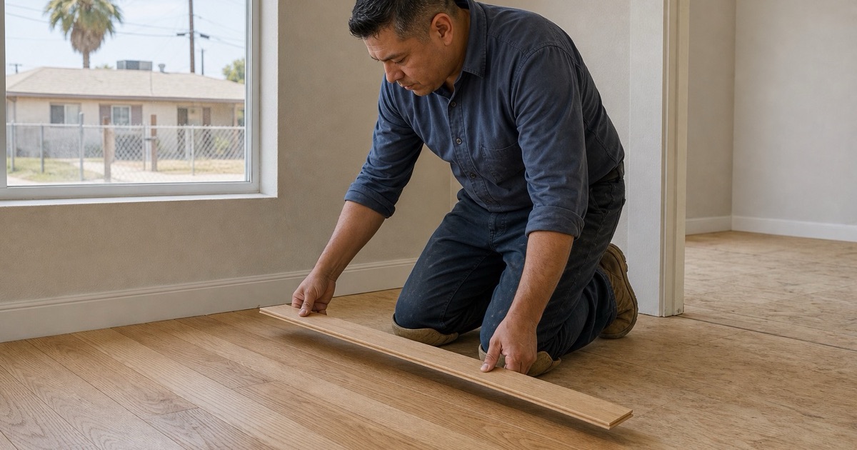 Installer lowering a white oak board into place beside the previous row in a Bell Gardens living room, the laid boards running under the shoe molding behind him.