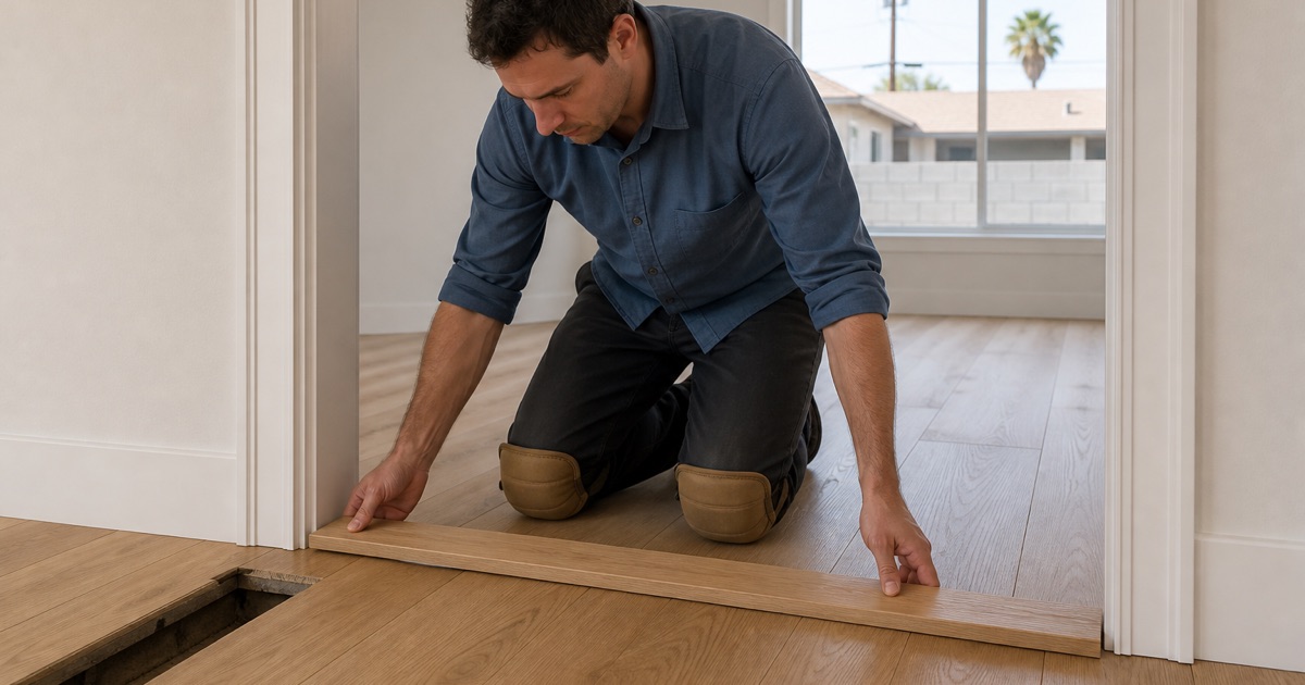 Threshold being set between an original oak floor and a later one in a Commerce house, the two surfaces meeting flush.