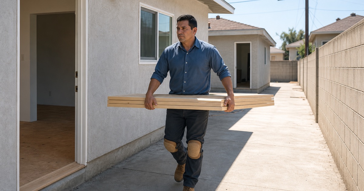 Installer carrying a bundle of white oak boards down a long narrow side driveway toward a second detached house at the rear of a Cudahy lot.