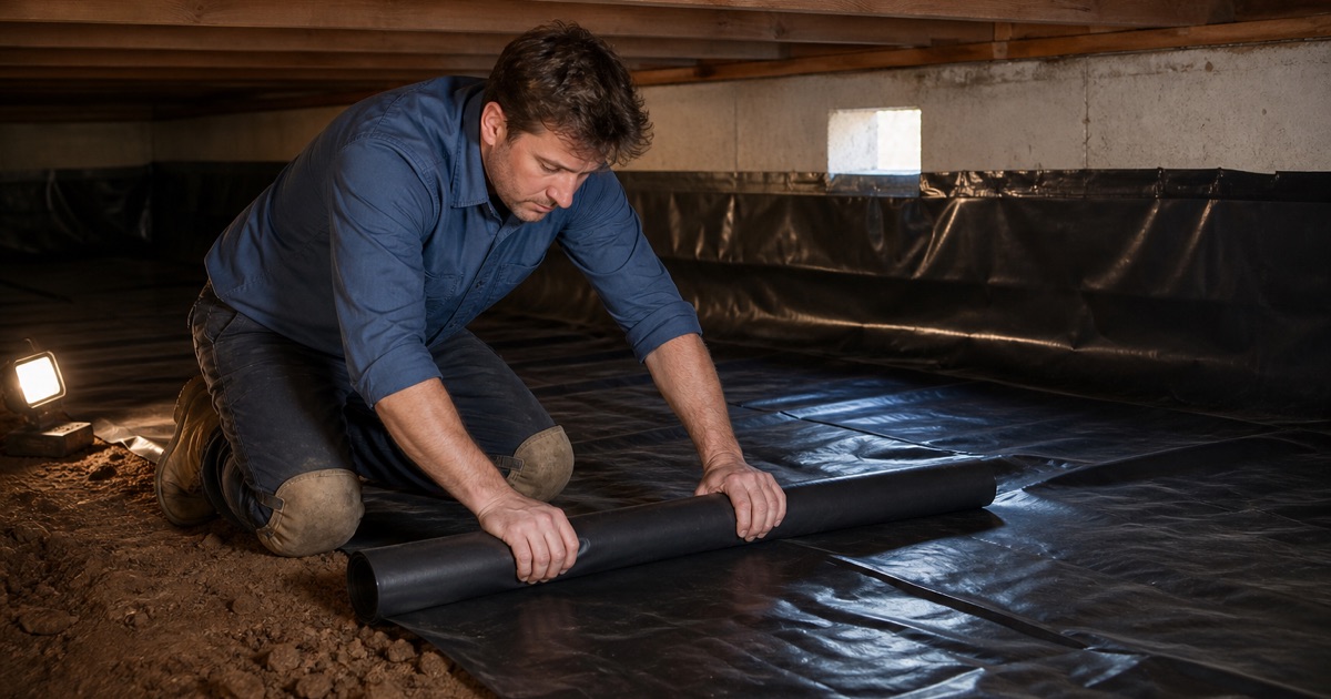 Ground cover being smoothed out under a raised Florence-Graham house, the board subfloor and joists visible overhead.