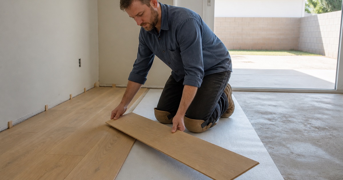 Engineered white oak being laid over underlayment on a Hawaiian Gardens slab, the perimeter gap open at the unfinished wall.
