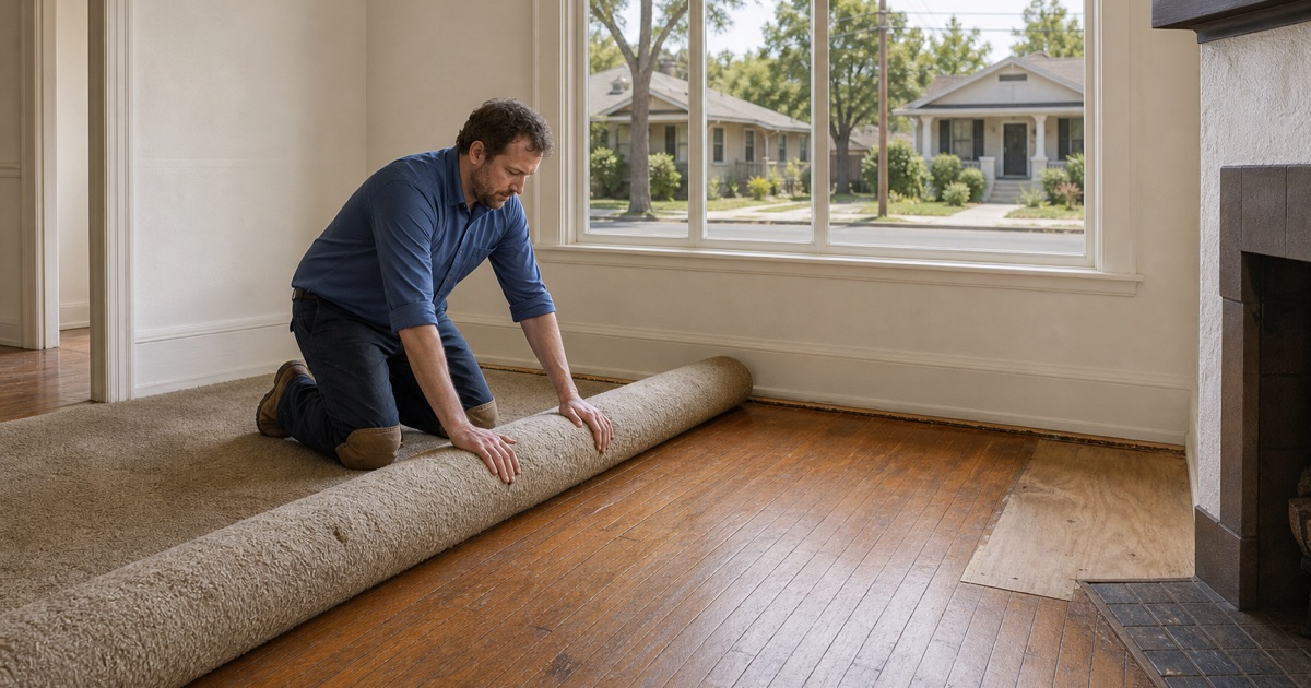 Installer rolling back old carpet to reveal original Douglas fir boards beneath in a Huntington Park bungalow.