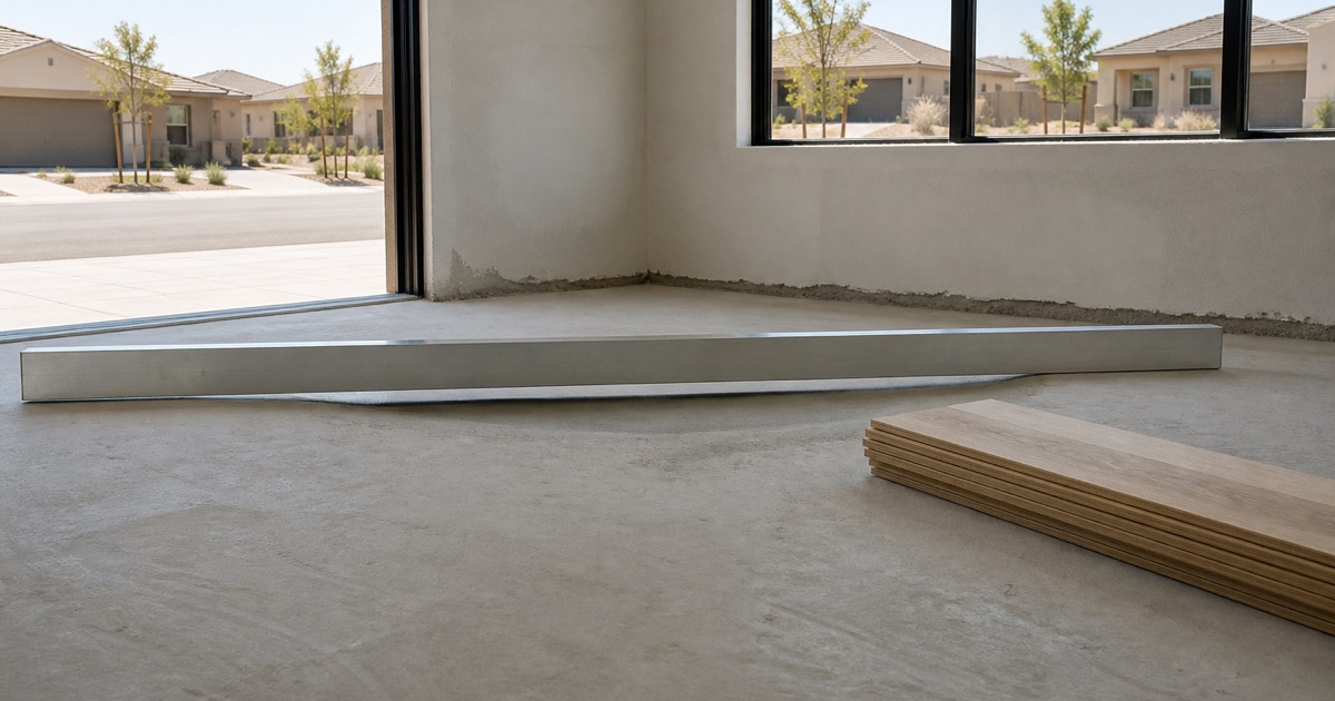 Straightedge on a bare concrete slab in a La Palma house, the gap underneath showing the fall that has to be corrected first.
