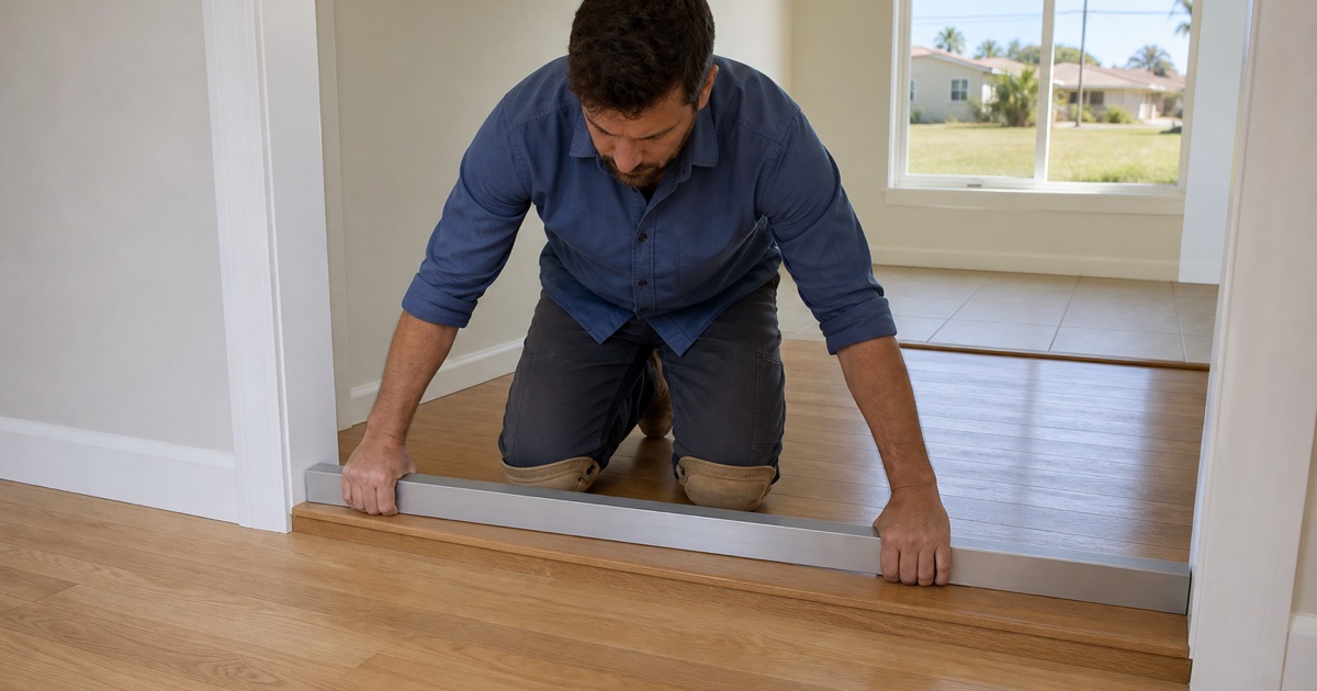Installer laying a long straightedge across a Montebello floor at a step between two rooms, checking the fall across the opening.