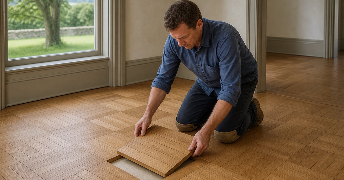 Restorer lowering a replacement white oak parquet panel into a bordered floor in a San Marino house, its slats squared to the surrounding pattern.