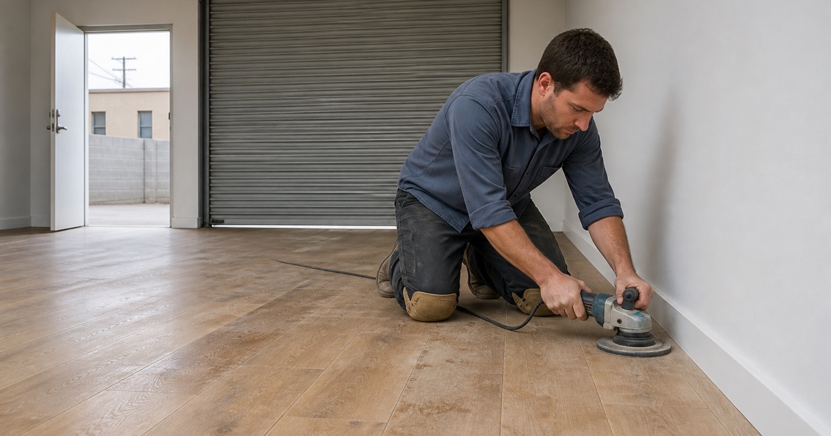 Operator running an edger along the base of an empty Santa Fe Springs commercial unit with a white oak floor.