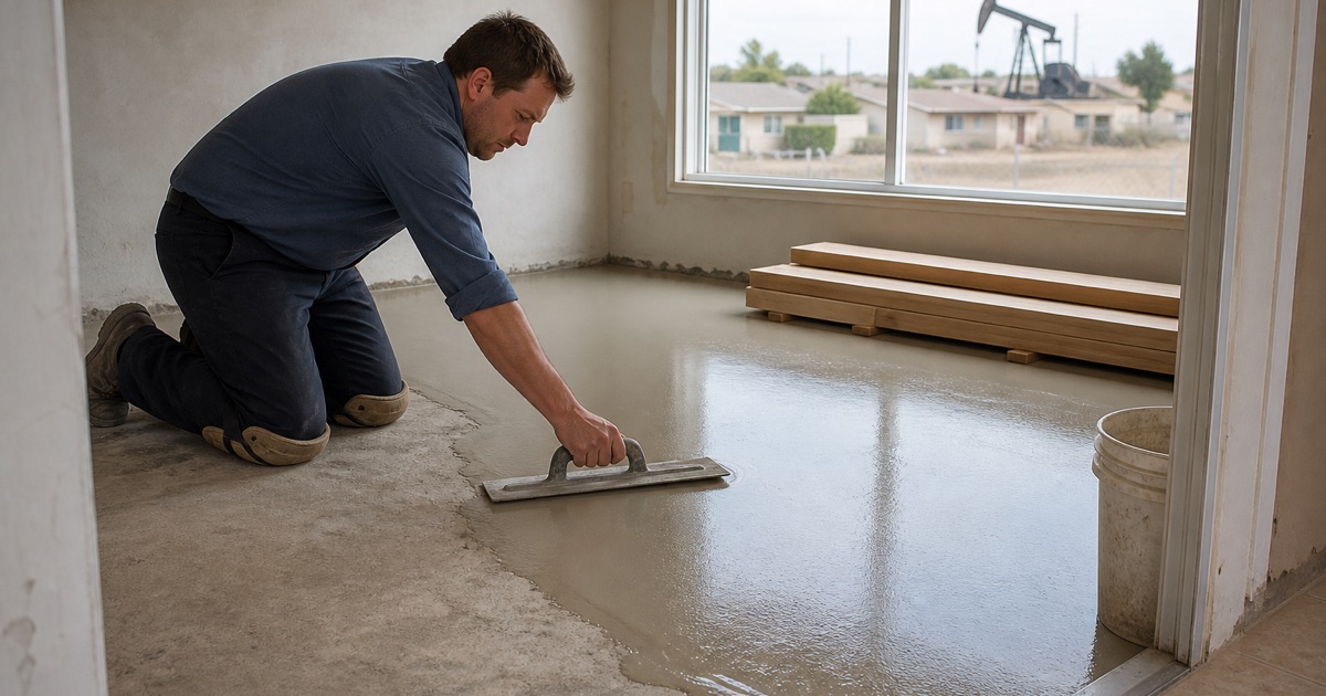 Installer feathering self-leveling compound across a low area of a Signal Hill slab before a new floor goes down.