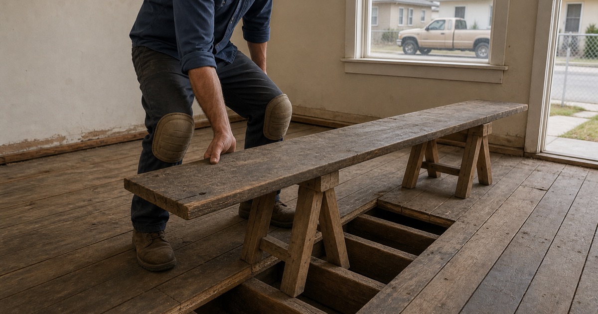 Installer’s hand on an exposed old-growth Douglas fir subfloor board in a Walnut Park house, the tight grain visible along its length.