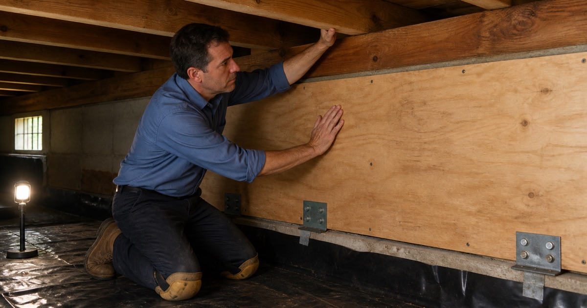 Carpenter inspecting a braced cripple wall in a Whittier crawl space, the retrofit panel and anchor plate visible beside the joists.